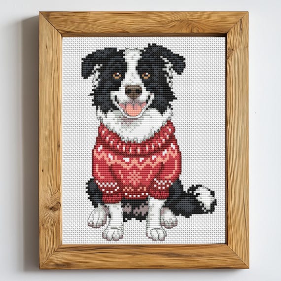 ボーダーコリーのクロスステッチ図案、犬のクリスマス刺繍、PDF