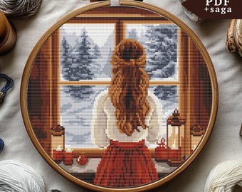 窓辺の少女のクロスステッチパターン、クリスマス刺繍デザイン
