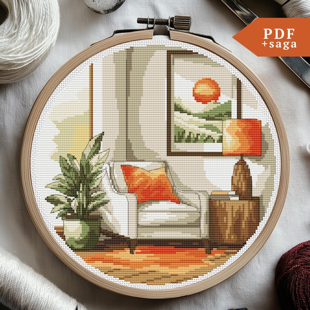 Modern Interior Cross Stitch, Living Room Scene Embroidery, Hand