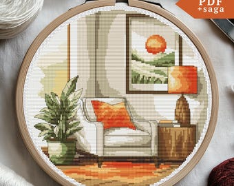 モダンインテリアクロスステッチ、リビングルームの風景刺繍、手刺繍