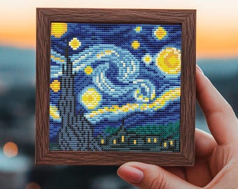 Patrón de punto de cruz La noche estrellada, mini bordado a mano fácil, cuadro de Van Gogh, gráfico moderno de punto de cruz contado, PDF, obra maestra famosa