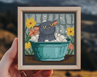 Cat in the Tub Cross Stitch Pattern, mini embroidery, Bathroom counted xstitch chart, Funny meme, Tiny art, home decor, Instant Download PDF
