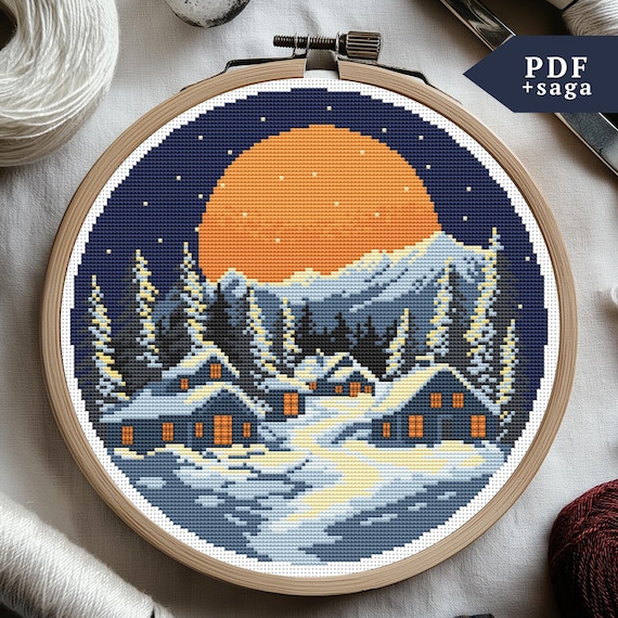 クリスマス クロスステッチ パターン、町、雪、刺繍、PDF ファイル