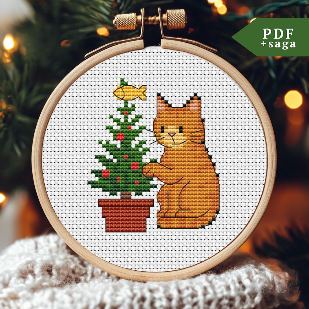 クリスマス猫のクロスステッチパターン、小さな刺繍、ミニクリスマス