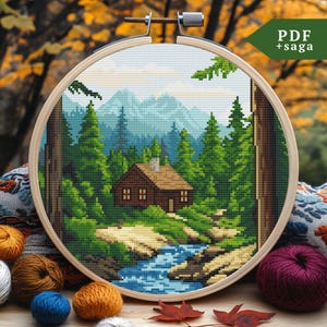 Haus im Wald Kreuzstichmuster, Handstickerei, PDF Datei, Berglandschaft, wilder Natur Kreuzstich