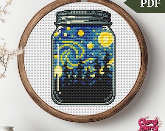 Sternenklare Nacht im Glas Kreuzstichmuster, Natur in einer Flasche Stickmuster, Stickvorlage, Kreuzstichmuster, Geschenk Van Gogh, Kreuzstichmuster,