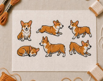Cute Corgi Cross Stitch Pattern PDF, Welsh Puppy Sampler Chart, Dog Lover Gift, SAGA, Small Multi Pose Embroidery