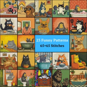 Puede incluir: Una cuadrícula de 23 patrones de punto de cruz divertidos que representan animales en situaciones humorísticas. Los patrones incluyen gatos, perros y un gorila, con el texto "23 Funny Patterns" y "65x65 Stitches".