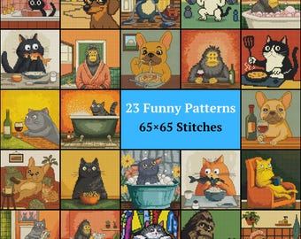 23 Funny Cross Stitch Patterns | Cats, Dogs & Bigfoot | 65×65 Stitches PDF Bundle