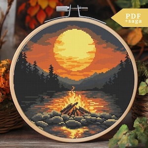 Lagerfeuer Kreuzstichmuster, Berglandschaft, Wald Landschaft, PDF, SAGA, Wald wilde Natur CrossStitch, Sonnenuntergang modern xstitch