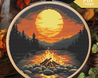 Campfire Cross Stitch Pattern, Hand Embroidery, Mountain Landscape, PDF, SAGA, Forest wild nature Counted CrossStitch, sunset modern xstitch