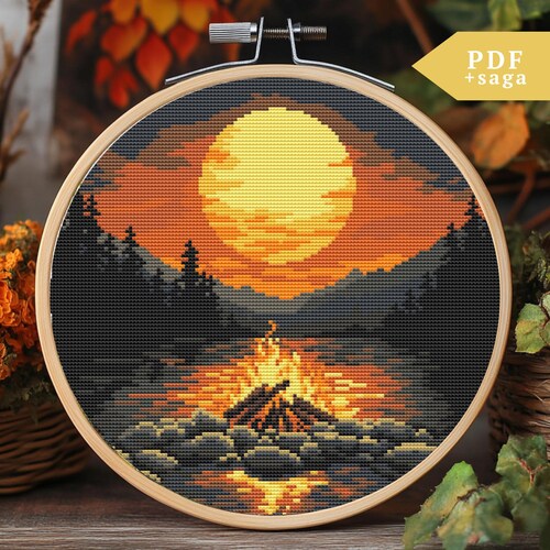 Campfire Cross Stitch Pattern, Hand Embroidery, Mountain Landscape