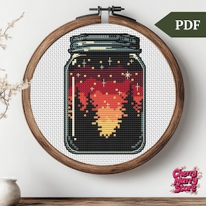 Sunset in jar Cross Stitch Pattern, forest in a bottle little Embroidery Stitch pattern, xstitch easy mini PDF file, Handmade Gift, small