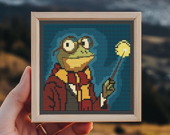 Wizard Frog Cross Stitch Pattern PDF, Magic School Student Toad, Fantasy Embroidery Chart, SAGA