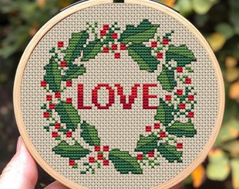 クリスマス クロスステッチ パターン、小さな刺繍、クリスマス リース