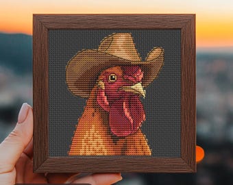 Funny Rooster Cross Stitch Pattern, mini farm embroidery, modern cross stitch chart, PDF Instant download, Tiny xstitch, Chicken with Hat