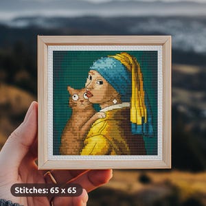 Girl With A Cat Cross Stitch Pattern, easy mini embroidery, painting, modern counted xstitch chart, PDF, Funny Famous masterpiece, tiny art