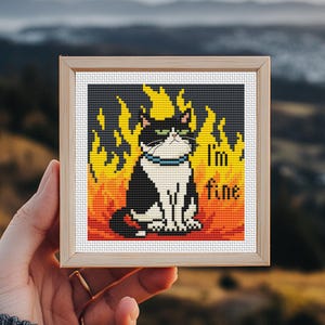 Cat Cross Stitch Pattern, I'm fine mini embroidery, counted xstitch chart, Funny meme, Tiny art, Instant Download PDF