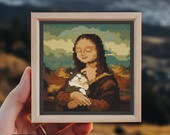 モナリザと猫のクロスステッチパターン、簡単なミニ刺繍、絵画、現代の