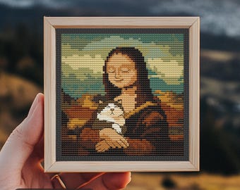 モナリザと猫のクロスステッチパターン、簡単なミニ刺繍、絵画、現代の