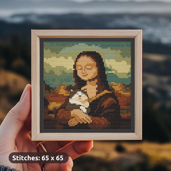モナリザと猫のクロスステッチパターン、簡単なミニ刺繍、絵画、現代の