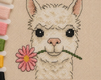 Alpaca Cross Stitch Pattern PDF, Cute Baby Llama Small Embroidery Chart, Easy Farm Animal with Flower, SAGA, Modern Nursery Wall Decor