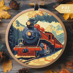 Vintage Dampfzug Kreuzstichmuster, Lokomotive Handstickerei, PDF Datei, wilde Natur, Berglandschaft, moderne Kreuzstichvorlage