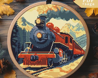 Vintage Steam Train Cross Stitch Pattern, Locomotive Hand Embroidery, PDF file, wild nature, Mountain Landscape, Modern Cross Stitch Chart