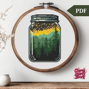 Forest in jar Cross Stitch Pattern, nature in a bottle little Embroidery Stitch pattern, xstitch easy mini PDF file, Handmade Gift, night