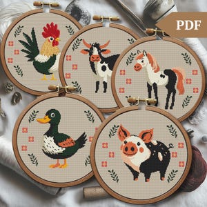 Set of five Folk Cross Stitch Pattern, Farm Embroidery design, PDF, Farmyard Animals, Modern crossstitch, pig, horse, duck. rooster, cow