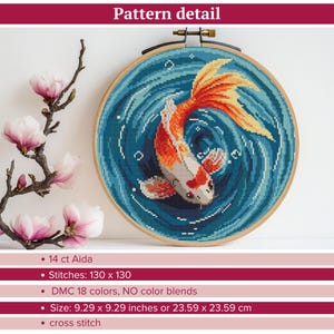 May include: A cross stitch pattern of a colorful koi fish swimming in a blue swirl. The pattern is 130 stitches by 130 stitches and uses 18 colors of DMC floss.