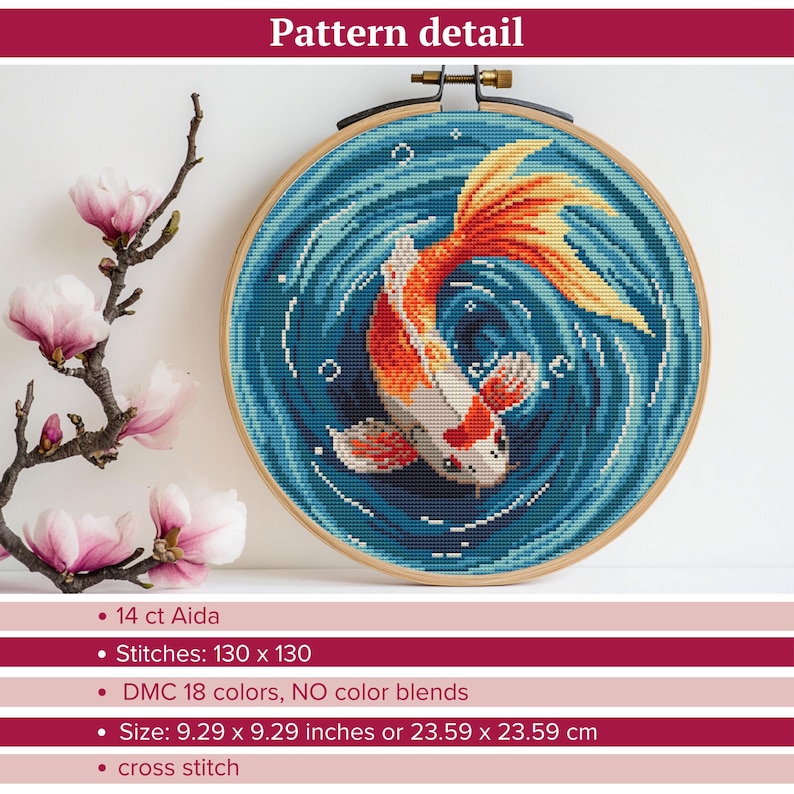 May include: A cross stitch pattern of a colorful koi fish swimming in a blue swirl. The pattern is 130 stitches by 130 stitches and uses 18 colors of DMC floss.