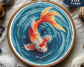 KOI Fish Cross Stitch Pattern, Hand Embroidery, koi xstitch PDF file, fall, SAGA, Animal counted xstitch chart, sea Lover gift