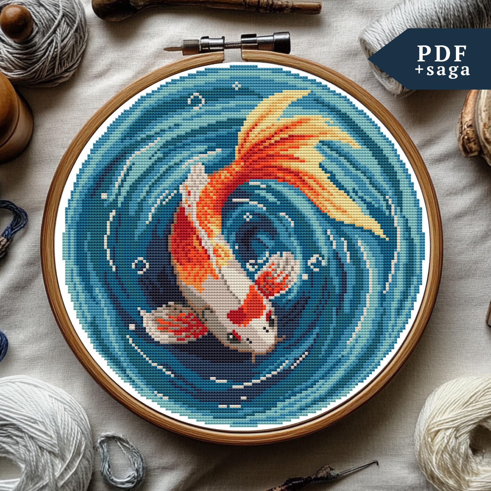 KOI 魚クロスステッチ パターン、手刺繍、鯉クロスステッチ PDF