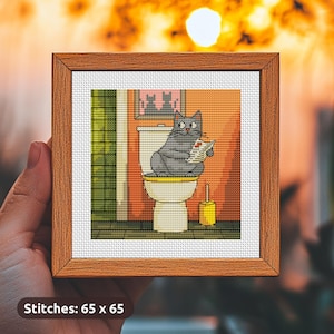 Cat in the toilet Cross Stitch Pattern, mini embroidery, modern counted xstitch chart, Funny meme, Kitten, Tiny art, Instant Download PDF