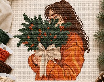 Modèle de point de croix « Fille de Noël », broderie sapin de Noël, diagramme PDF, cadeau pour les amoureux de l'hiver