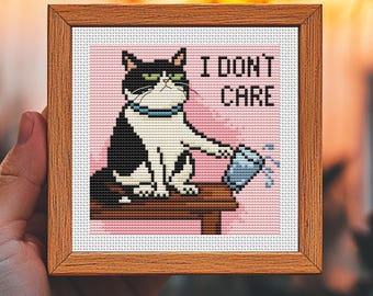 Funny Cat Cross Stitch Pattern, I Don't Care, mini embroidery, counted xstitch chart, meme, Instant Download PDF