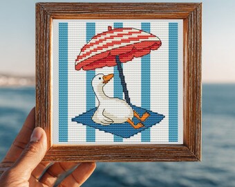 Goose Cross Stitch Pattern, Beach Umbrella Summer Embroidery, Vacation xstitch chart, PDF Instant download, Tiny art, Kitchen Decor