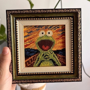 The Scream Frog Cross Stitch Pattern, easy mini hand embroidery, painting, modern counted xstitch chart, PDF, Funny Famous masterpiece