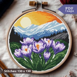 Paarse krokus kruissteekpatroon, lentebloemborduurwerk, pdf-bestand, berglandschap, wilde natuur kruissteek, eenvoudige moderne xstitch