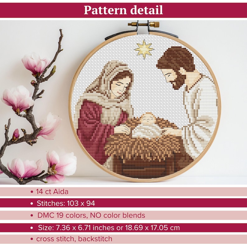 May include: Cross stitch pattern of the nativity scene with Mary, Joseph, and baby Jesus. The pattern is 103 stitches by 94 stitches and uses 19 colors of DMC floss. The finished size is 7.36 inches by 6.71 inches.