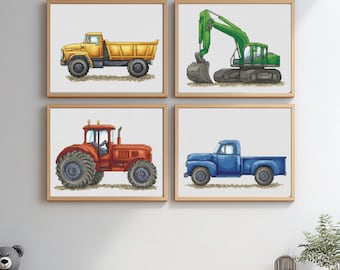 Set of 4 Construction Vehicle Cross Stitch Patterns, Nursery Wall Art Bundle, Tractor Truck Excavator Digger Embroidery, Baby Boy Room PDF