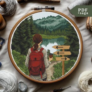 Wander Kreuzstichmuster, Berglandschaft, Wanderin Stickbild, PDF, SAGA, Natur Kreuzstich, Wandergeschenk modern xstitch