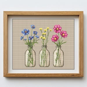 Kruissteekpatroon wilde bloemen, bloemen in een fles handborduursteekpatroon, xstitch eenvoudige pdf, doe-het-zelfcadeau, set in pot, bloemenkaart