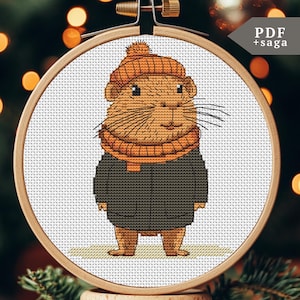 Capybara Cross Stitch Pattern, embroidery design, modern counted xstitch chart, PDF, SAGA, Xmas Capybara, winter decor, funny crossstitch