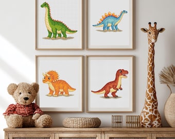 Set of 4 Dinosaur Cross Stitch Patterns, Nursery Wall Art Bundle, Cute Dino Embroidery Designs, T-Rex Stegosaurus Brachiosaurus Triceratops