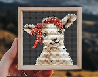 羊のクロスステッチパターン、ミニファーム刺繍、モダンなクロス