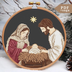 Nativity Scene Cross Stitch Pattern, Christmas Hand Embroidery, PDF file, SAGA, Handmade Christmas Gift, Holy Family hoop art, Jesus birth