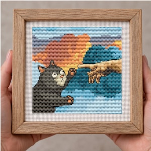 Creation of Adam Cat Cross Stitch Pattern PDF, Funny Art Parody Cross Stitch Chart, Michelangelo Cat Meme Fine Art Embroidery