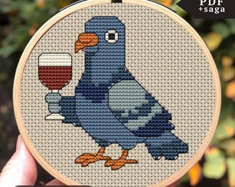 ワインと鳩のクロスステッチパターン、簡単なミニ刺繍、小さなモダンな